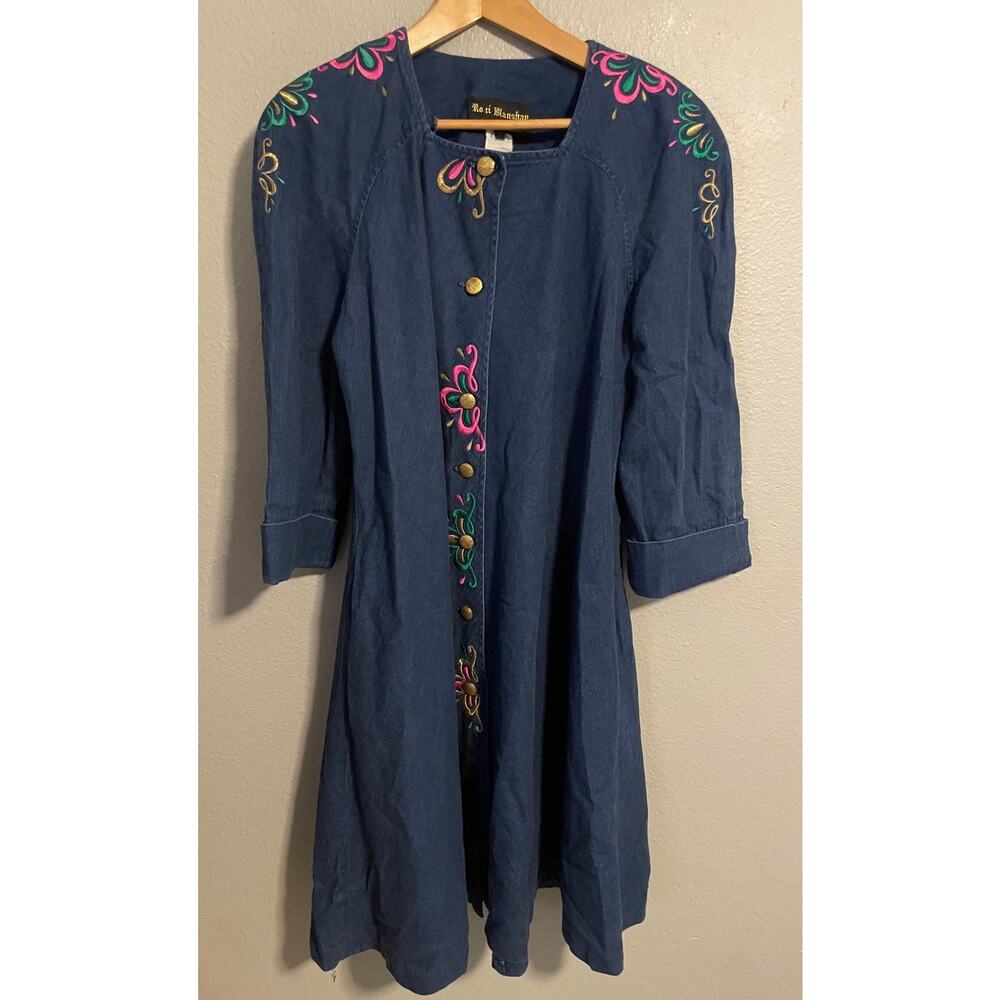 Vintage Roni Blanshay Denim Dress Womens Medium Embroidered Floral Artsy 90s